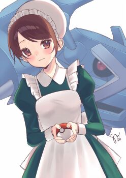 Rule 34 | apron, blush, brown eyes, brown hair, gen 3 pokemon, highres, holding, holding poke ball, looking at viewer, maid (pokemon), maid apron, maid headdress, metagross, nintendo, poke ball, pokemon, pokemon bw, watashishi