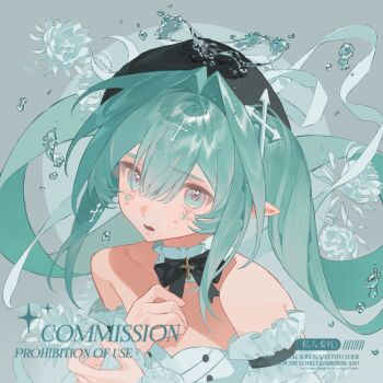 Rule 34 | 1girl, aqua eyes, aqua hair, aqua halo, bao rong, bare shoulders, beret, black bow, black hat, bow, choker, commission, detached sleeves, eyelashes, flower, frilled choker, frills, hair between eyes, hair intakes, halo, hat, highres, liquid halo, long hair, looking at viewer, mihuashi commission, off shoulder, original, parted lips, pointy ears, portrait, ribbon, sidelocks, solo, square, sticker, sticker on face, twintails, water, watermark, white flower, white ribbon