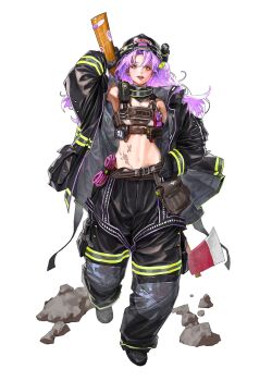 1girl axe baggy_clothes baggy_pants belt chest_strap commentary english_commentary fire_axe firefighter firefighter_helmet firefighter_jacket gloves heo_sung-moo high-visibility_clothing highres holding holding_axe huge_weapon jacket long_hair midriff navel open_clothes open_jacket original pants parted_bangs pink_eyes pink_rope purple_hair rope weapon white_background
