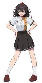 absurdres black_hair black_skirt brown_shoes collared_shirt fang formicid full_body hat highres open_mouth print_shirt red_eyes red_hat shameimaru_aya shirt shoes short_hair simple_background skirt smile tokin_hat touhou white_background white_shirt