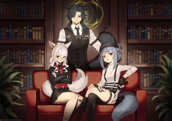 1boy 2girls animal_ear_piercing animal_ears artist_name bare_legs belt beret black_boots black_eyes black_gloves black_hair black_hat black_nails black_necktie black_ribbon black_skirt black_vest book bookshelf boots borrowed_character braid cat_boy cat_ears cat_girl cat_tail commentary commission couch crossed_arms crossed_legs crown_braid english_commentary facial_mark final_fantasy final_fantasy_xiv fingerless_gloves freckles glasses gloves grey_hair hand_on_own_knee hat highres holding holding_knife indoors knee_boots knife lace-up_boots laurel_crown leg_tattoo long_sleeves looking_at_viewer miqo&#039;te multiple_girls nail_polish neck_ribbon necktie open_mouth original plant pleated_skirt potted_plant red_eyes red_lips red_shirt ribbon shirt single_bare_leg single_thighhigh sitting skirt slit_pupils tail tattoo thigh_belt thigh_strap thighhighs tostantan vest warrior_of_light_(ff14) whisker_markings white_hair white_shirt wing_collar