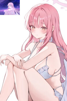 1girl absurdres angel_wings bare_arms bare_shoulders bikini blue_archive blush breasts choker cleavage closed_mouth collarbone commentary_request crescent feathered_wings frilled_bikini frills halo highres large_breasts long_hair looking_at_viewer low_wings mika_(blue_archive) mika_(swimsuit)_(blue_archive) navel nurie6351 official_alternate_costume official_alternate_hairstyle pink_eyes pink_hair pink_halo sideboob simple_background smile solo stomach swimsuit very_long_hair white_background white_bikini white_choker white_wings wing_ornament wings yellow_eyes