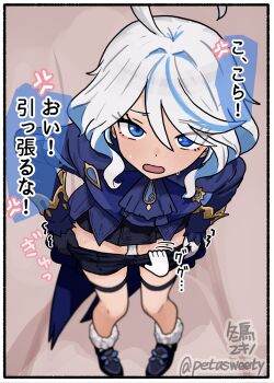 1girl ahoge artist_name ascot asymmetrical_gloves black_gloves black_shoes black_shorts blue_ascot blue_eyes blue_hair blue_jacket blush border colored_speech_bubble commentary_request dressing from_above full_body furina_(genshin_impact) fuyudori_yukino genshin_impact gloves hand_cursor highres jacket long_sleeves looking_at_viewer mismatched_gloves multicolored_hair open_mouth ouji_fashion raised_eyebrows shoes short_hair shorts sketch_background solo speech_bubble sweat talking thigh_strap translation_request twitter_username undressing_another white_gloves white_hair