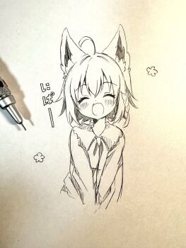 1girl :3 ^_^ ahoge animal_ear_fluff animal_ears art_tools_in_frame braid closed_eyes commentary_request fox_ears fox_girl graphite_(medium) highres kamimura_hiiro long_sleeves mechanical_pencil monochrome open_mouth original pencil photo_(medium) single_braid traditional_media translation_request upper_body