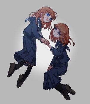 Rule 34 | 2girls, aged down, black shoes, black socks, blue eyes, blue sailor collar, blue shirt, blue skirt, commentary request, dress, eva beatrice, highres, juxtaposition, loafers, looking at another, multiple girls, ningenimomusi, open mouth, orange hair, purple eyes, sailor collar, sailor dress, school uniform, shirt, shoes, skirt, smile, socks, umineko no naku koro ni, ushiromiya eva, white background