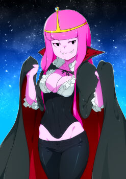 1girl adventure_time black_cape black_pants blunt_bangs breasts cape cape_lift cleavage collarbone colored_skin corset cowboy_shot facing_viewer fangs fangs_out frills groin hands_up highres jcm2 long_hair looking_at_viewer lowleg lowleg_pants medium_breasts no_bra outline pants pink_hair pink_skin princess_bonnibel_bubblegum red_cape shiny_clothes shirt small_breasts smile solo space standing star_(symbol) star_symbol_background tiara two-sided_cape two-sided_fabric vampire white_outline white_shirt