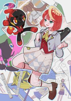 Rule 34 | 1boy, 2girls, ahoge, atticus (pokemon), black gloves, blonde hair, blue eyes, brown hair, charcadet, collared shirt, cosplay, donut hair bun, double bun, eyelashes, freckles, gloves, green eyes, grey jacket, hair bun, jacket, long hair, long sleeves, looking at viewer, mela (pokemon), mizuiro123, multicolored hair, multiple girls, neckerchief, nintendo, official alternate color, official alternate costume, open clothes, open jacket, open mouth, pokemon, pokemon (creature), pokemon masters ex, pokemon sv, red hair, red vest, rosa (academy) (pokemon), rosa (pokemon), rosa (pokemon) (cosplay), school uniform, shirt, short hair, skirt, smile, team star, team star uniform, twintails, two-tone hair, vest, white shirt, white skirt, yellow neckerchief