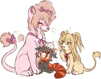 ? akagi_miria animal_focus animal_with_hair animalization black_hair blonde_hair blush bow bowtie brown_eyes closed_eyes green_eyes headpat idolmaster idolmaster_cinderella_girls jougasaki_mika jougasaki_rika lion long_hair mahoxyshoujo neck_ribbon no_humans open_mouth purple_bow purple_bowtie red_panda red_ribbon ribbon short_hair simple_background sitting tail tail_bow tail_ornament white_background
