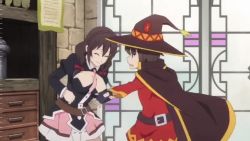 1boy 5girls ahoge animated anime_screenshot aqua_(konosuba) audible_speech belt black_gloves blonde_hair blue_hair bouncing_breasts braid breast_slap breasts brown_hair cape collar darkness_(konosuba) english_audio fighting fingerless_gloves gloves hat indoors kono_subarashii_sekai_ni_shukufuku_wo! long_hair megumin multiple_girls necktie pink_necktie ponytail potion satou_kazuma short_necktie skirt slapping sound video witch_hat wiz_(konosuba) yunyun_(konosuba)