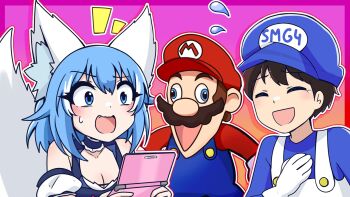 1girl 2boys ^_^ animal_ear_fluff animal_ears bare_shoulders big_nose black_hair blue_choker blue_eyes blue_hair blue_hat blue_overalls blue_shirt blush border breasts brown_hair buttons choker cleavage closed_eyes collarbone commentary cross-eyed detached_sleeves dot_nose english_commentary facial_hair fang flying_sweatdrops gloves gradient_background hair_between_eyes hand_on_own_chest hand_up handheld_game_console hat highres holding holding_handheld_game_console indie_virtual_youtuber laughing light_blush smg4_(character) mario mario_(series) multiple_boys mustache nintendo nintendo_ds notice_lines open_mouth overalls pale_skin pink_background pink_border red_hat red_shirt shirt short_hair small_sweatdrop smg4 smile tail tears two-tone_background upper_body virtual_youtuber wavy_mouth white_gloves white_overalls wide_mouth wolf_ears wolf_girl wolf_tail wolfychu wolfychu_(artist)