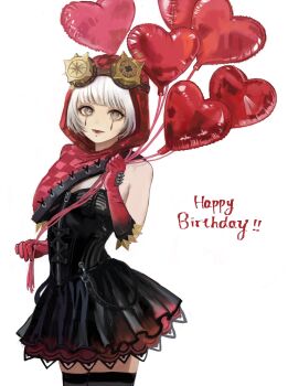 1girl balloon black_corset black_dress black_thighhighs corset cowboy_shot dress gloves goggles goggles_on_head grey_eyes half_capelet hanaochi_pic happy_birthday heart_balloon highres holding holding_balloon identity_v looking_at_viewer makeup off_shoulder official_alternate_costume red_eyes red_gloves red_hood red_lips runny_makeup short_hair solo teardrop_facial_mark thighhighs tracy_reznik tracy_reznik_(red_riding_hood) white_hair