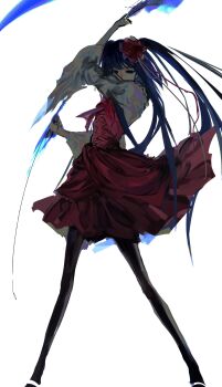 1girl absurdres black_pantyhose blue_eyes blue_hair corset covered_mouth expressionless floating_clothes floating_hair full_body furudo_erika highres incoming_attack nnightcruising pantyhose pink_corset pink_skirt shirt skirt solo three-quarter_sleeves twintails umineko_no_naku_koro_ni white_background white_shirt wide_sleeves