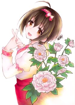 Rule 34 | 1girl, :d, absurdres, ahoge, black hair, bob cut, bow, bow hairband, brown eyes, commentary request, dot nose, double-parted bangs, dress shirt, flower, ginnoturu, hairband, highres, idolmaster, idolmaster cinderella girls, idolmaster cinderella girls starlight stage, juliet sleeves, kohinata miho, long sleeves, looking at viewer, looking back, marker (medium), necktie, official alternate costume, open mouth, pink bow, pink check school (idolmaster), pink flower, pink hairband, pink necktie, pink ribbon, pink wrist cuffs, plaid clothes, plaid wrist cuffs, puffy sleeves, red skirt, ribbon, shirt, short hair, signature, skirt, sleeve ribbon, smile, solo, traditional media, white background, white bow, white shirt, wing collar, wrist cuffs, x fingers