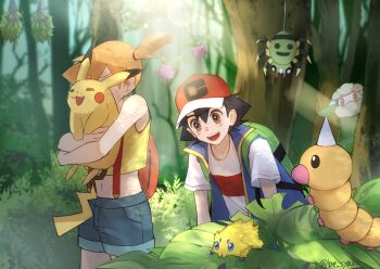 1boy 1girl ash_ketchum asymmetrical_hair be_syake blush burmy burmy_(plant) cottonee denim denim_shorts forest gen_1_pokemon gen_2_pokemon gen_4_pokemon gen_5_pokemon green_shorts gym_leader hair_tie highres hoppip joltik legs misty_(pokemon) nature nintendo orange_hair outdoors pikachu pokemon pokemon_(anime) pokemon_journeys ponytail shirt short_hair short_shorts shorts side_ponytail smile spinarak suspender_shorts suspenders tank_top weedle yellow_shirt