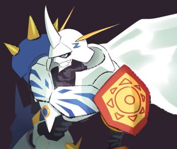 Rule 34 | absurdres, blue eyes, cape, dark background, digimon, digimon (creature), hashtag-only commentary, highres, horns, making-of available, mecha, notaventura, omegamon, robot, shoulder spikes, simple background, spikes, white cape