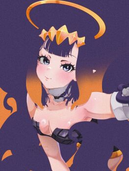 1girl bare_shoulders blending blunt_bangs breasts cleavage cowboy_shot diamond_hairband dress from_above gradient_hair hairband halo hashtag-only_commentary highres hololive hololive_english light_blush looking_at_viewer medium_breasts mole mole_under_eye multicolored_eyes multicolored_hair negative_space ninomae_ina&#039;nis ninomae_ina&#039;nis_(1st_costume) pointy_ears purple_background simple_background smile solo standing strapless strapless_dress tentacle_hair tube_dress virtual_youtuber yellow_hairband yuno_maname