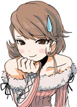 1girl bare_shoulders blush blush_stickers brown_eyes brown_hair closed_mouth collarbone commentary cross-laced_clothes cross-laced_sleeves cross-laced_sweater earrings flipped_hair fur-trimmed_sweater fur_trim hand_on_own_chin jewelry looking_at_viewer off-shoulder_sweater off_shoulder official_alternate_costume persona persona_3 ribbed_sweater shinnya_77 short_hair smile solo stud_earrings sweatdrop sweater swept_bangs takeba_yukari upper_body white_background