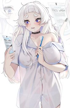 1girl bags_under_eyes black_choker black_nails blue_eyes blush breasts choker cleavage collared_shirt commentary constricted_pupils covered_erect_nipples cowboy_shot english_text grey_hair highres holding holding_toothbrush lace lace_choker large_breasts long_hair lotion_bottle messy_hair mole mole_on_armpit nail_polish off_shoulder original panties see-through_clothes see-through_shirt shirt short_sleeves solo standing surprised symbol-only_commentary thick_eyebrows thigh_gap toothbrush underwear wakamepiza white_hair white_panties white_shirt you're_doing_it_wrong zoom_layer