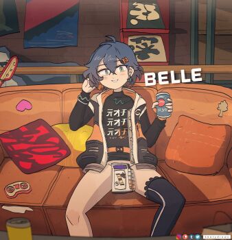 1girl absurdres belle_(zenless_zone_zero) blue_hair bottomless can controller convenient_censoring couch green_eyes highres indoors keetydraws pillow zenless_zone_zero