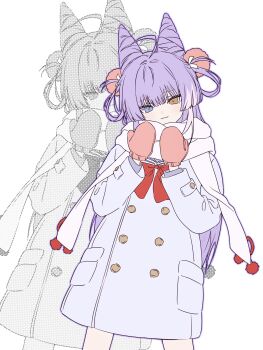 Rule 34 | 1girl, :3, blue eyes, bow, brown eyes, buttons, closed mouth, coat, commentary, cone hair bun, cowboy shot, dithering, double bun, hair bun, hair ornament, hair rings, hands up, heterochromia, highres, layered sleeves, legs apart, long sleeves, looking at viewer, mittens, multicolored hair, nxsoa1, pom pom (clothes), pom pom hair ornament, purple hair, raincoat, raised inner eyebrows, red bow, scarf, solo, standing, stellive, streaked hair, symbol-only commentary, tenko shibuki, virtual youtuber, white background, white coat, white scarf, wispy bangs, zoom layer