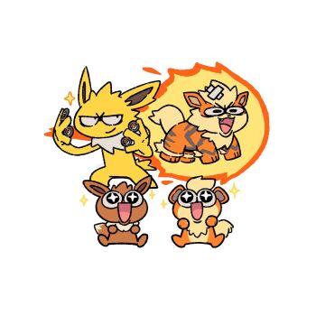 Rule 34 | + +, :d, animal ears, arcanine, bandages, brown fur, coin, coin flip, eevee, excited, fireball, gameplay mechanics, gen 1 pokemon, growlithe, jolteon, multicolored fur, nintendo, open mouth, orange fur, plainwhite, pokemon, pokemon (creature), pokemon tcg, pokemon tcg pocket, sitting, smile, tail, yellow fur