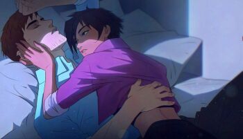 1boy 1girl black_hair blue_shirt brown_hair closed_eyes collared_shirt dispatch face_piercing facial_hair hand_on_another's_face hashtag-only_commentary highres invisigal_(dispatch) jacket lips looking_at_another lying midriff niahti nose_piercing on_bed piercing pillow pink_jacket robert_robertson shirt sleeves_rolled_up