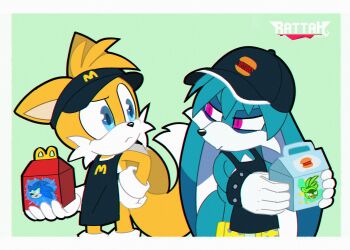 apron blonde_hair blue_eyes blue_fur blue_hair burger_king child employee_uniform fennec_fox fox happy_meal hat highres idw_publishing kitsunami_the_fennec long_ears mcdonald&#039;s purple_eyes rattosah rivalry sega sonic_(series) sonic_the_hedgehog sonic_the_hedgehog_(idw) surge_the_tenrec tails_(sonic) yellow_fur