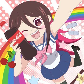 anami_saki bottle brown_eyes brown_hair cherry coca-cola eggydgrp food fruit highres holding holding_bottle mole mole_on_neck multicolored_hair one_eye_closed original parody pill pink_hair poppippoo_(vocaloid) rainbow school_uniform soda soda_bottle star_(symbol) style_parody two-tone_hair vanilla