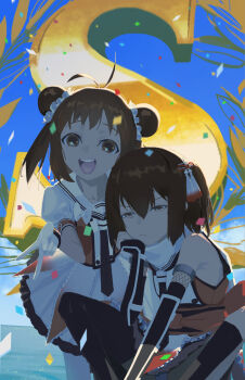 Rule 34 | annoyed, antenna hair, asymmetrical legwear, backlighting, behind another, black gloves, black necktie, black thighhighs, blue sky, brown eyes, brown hair, closed mouth, confetti, day, double bun, elbow gloves, feet out of frame, fingerless gloves, frown, gloves, gyaru v, hair bun, hair ornament, highres, indian style, kantai collection, looking at viewer, naka (kancolle), necktie, ocean, one side up, open mouth, outdoors, puffy short sleeves, puffy sleeves, raised eyebrows, sailor collar, scarf, sendai (kancolle), shirt, short hair, short sleeves, single thighhigh, sitting, skirt, sky, sleeveless, sleeveless shirt, smile, tassel, tassel hair ornament, thighhighs, traffic (ntraffic1), uneven legwear, v, victory, white scarf, white skirt