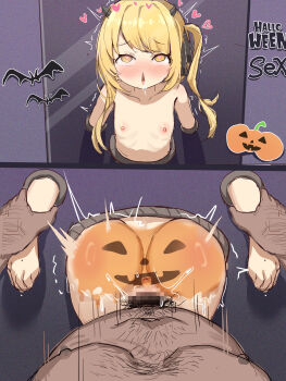 1boy 1girl absurdres ahegao anus ass blonde_hair blue_archive blush bodypaint censored flat_chest glory_wall halloween heart heart-shaped_pupils hetero highres ibuki_(blue_archive) jack-o&#039;-lantern kinkhead_(jjjv7433) loli mob_x_character mosaic_censoring nipples pov rolling_eyes sex stuck symbol-shaped_pupils through_wall ugly_bastard vaginal