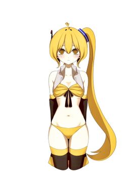 1girl :&lt; akita_neru antenna_hair arms_behind_back bare_shoulders bikini black_sleeves black_thighhighs blonde_hair blush breasts cleavage closed_mouth collarbone collared_shirt commentary_request cropped_legs detached_sleeves double-parted_bangs expressionless front-tie_bikini_top front-tie_top grey_shirt hair_between_eyes high_side_ponytail long_hair long_sleeves looking_at_viewer miku_collar_bikini myang_(_0_0_o_o_) navel open_clothes open_shirt pale_skin shirt side_ponytail simple_background small_breasts solo standing stomach straight-on swimsuit thighhighs very_long_hair vocaloid white_background yellow_bikini yellow_eyes yellow_trim