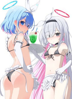 >:) 2girls alternate_costume apron apron_lift arona_(blue_archive) ass back back_bow bare_shoulders bikini black_bikini black_choker black_eyes black_hairband blue_archive blue_eyes blue_hair blue_halo blunt_ends blush bow braid breasts choker closed_mouth clothes_lift colored_inner_hair commentary_request cowboy_shot drink elbow_gloves enmaided expressionless eyes_visible_through_hair frilled_apron frilled_gloves frills front-tie_bikini_top front-tie_top gloves grey_hair groin hair_over_one_eye hair_ribbon hairband halo hand_up highres holding holding_tray index_finger_raised lifting_own_clothes long_bangs long_hair looking_at_viewer looking_back maid micro_bikini multicolored_hair multiple_girls navel partial_commentary pink_hair plana_(blue_archive) red_halo ribbon short_hair simple_background single_braid small_breasts smile smug straight_hair swimsuit tray umeshiba_(eleventhdolls) v-shaped_eyebrows very_long_hair waist_apron white_apron white_background white_bow white_choker white_gloves white_ribbon