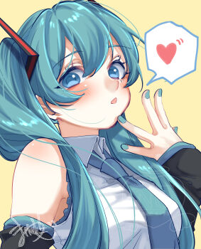 1girl absurdres aqua_eyes aqua_hair aqua_nails aqua_necktie aqua_trim blush breasts collared_shirt commentary_request detached_sleeves hair_between_eyes hair_ornament hatsune_miku heart highres long_sleeves looking_at_viewer mai_mugi medium_breasts necktie open_mouth shirt sleeveless sleeveless_shirt solo speech_bubble spoken_heart upper_body vocaloid white_shirt