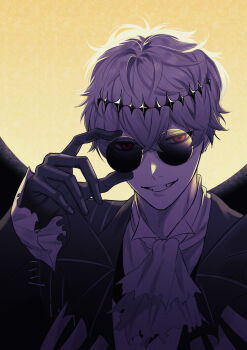 1boy black_crown crown diamond_hairband formal_clothes gloves highres jacket looking_at_viewer male_focus pinstripe_pattern pinstripe_suit round_eyewear short_hair skully_j._graves smile solo striped_clothes suit sunglasses the_nightmare_before_christmas twisted_wonderland user_pgmv2834 white_hair