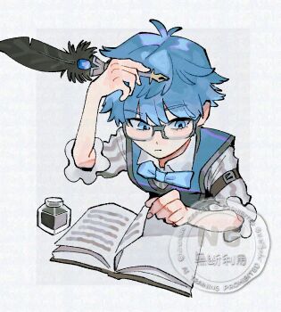1boy adversarial_noise arm_strap blue_bow blue_bowtie blue_eyes blue_hair blue_vest book bow bowtie commentary_request fate/extra fate/extra_ccc fate_(series) hans_christian_andersen_(fate) holding holding_quill inkwell male_focus quill reading shirt solo soyaka striped_clothes striped_shirt turning_page vest watermark