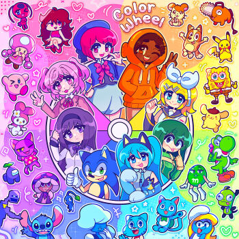 2boys 6+girls absurdres akemi_homura akemi_homura_(magical_girl) among_us animal_crossing annotation_request arima_kana asui_tsuyu bingo_heeler blonde_hair blue_eyes blue_hair blue_pikmin bluey bluey_heeler bluey_heeler_(cosplay) bob_(animal_crossing) bow brown_hair bug cat_boy chainsaw_man character_request color_wheel_challenge cookie_run copyright_request cosplay crewmate_(among_us) dark_skin darwin_watterson dog doki_doki_literature_club five_nights_at_freddy's friday_night_funkin' gen_1_pokemon gir_(dog_costume)_(invader_zim) gir_(invader_zim) girlfriend_(friday_night_funkin') green_(m&amp;m's) green_hair gumball_watterson hair_bow hamster hamtaro hamtaro_(series) hatsune_miku hedgehog_boy highres humanization inky_trash insect invader_zim kagamine_rin kirby kirby_(series) ladybug lilo_&amp;_stitch m&amp;m's magical_girl mahou_shoujo_madoka_magica mario_(series) multiple_boys multiple_drawing_challenge multiple_girls my_melody my_melody_(series) natsuki_(doki_doki_literature_club) nintendo one_eye_closed orange_eyes orange_hood oshi_no_ko pikachu pikmin_(creature) pikmin_(series) pink_eyes pink_hair pochita_(chainsaw_man) poison_mushroom_cookie pokemon pompompurin purple_(among_us) purple_eyes purple_hair rainbow_order red_eyes red_hair sanrio sapphire_(steven_universe) short_hair short_twintails smurfette sonic_(series) sonic_the_hedgehog spongebob_squarepants spongebob_squarepants_(series) steven_universe stitch_(lilo_&amp;_stitch) the_amazing_world_of_gumball the_smurfs toadette tongue tongue_out twintails v vocaloid white_bow william_afton yoshi
