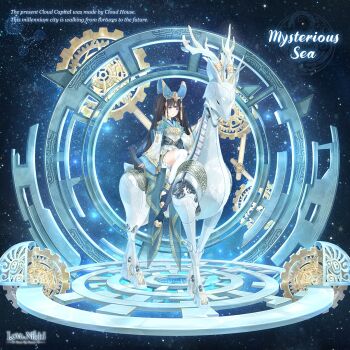 1girl :o artist_request black_hair blue_boots blue_bow blue_eyes blue_hanfu blunt_bangs boots bow character_name chinese_clothes copyright_logo deer dot_nose english_text expressionless full_body gears hair_bow hair_ornament hanfu large_bow lattice layered_sleeves logo long_hair long_sleeves miracle_nikki mysterious_sea_(miracle_nikki) nikki_(series) non-humanoid_robot official_art parted_lips petting riding robot robot_animal short_over_long_sleeves short_sleeves silkpunk solo space star_(sky) tareme tassel tassel_hair_ornament thighhighs third-party_source twintails very_long_hair white_sleeves white_thighhighs wide_sleeves