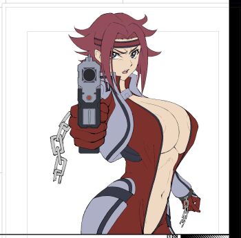 1girl blue_eyes bodysuit breasts code_geass gun headband highres holding holding_gun holding_weapon iwao178 kouzuki_kallen large_breasts looking_at_viewer medium_hair open_mouth parted_bangs red_bodysuit red_hair red_headband simple_background unfinished unzipped weapon white_background