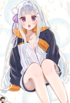 1boy 1girl :o black_hair black_shirt black_sleeves blunt_bangs blush breasts cleavage collarbone commentary_request cosplay elf emilia_(re:zero) feet_out_of_frame flower grey_pupils hair_flower hair_ornament hair_ribbon hand_on_own_chin highres jacket long_hair multicolored_jacket nashigasukidaa natsuki_subaru natsuki_subaru_(cosplay) no_bra pointy_ears purple_eyes purple_ribbon re:zero_kara_hajimeru_isekai_seikatsu ribbon shirt shorts sitting sleeves_past_fingers sleeves_past_wrists sparkle sportswear track_jacket white_flower white_hair white_jacket white_shorts x_hair_ornament