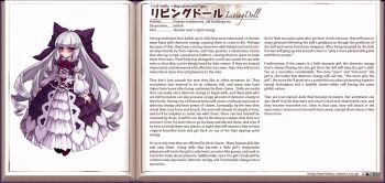 1girl alternate_language character_profile doll doll_girl doll_joints dress english_text female_focus grey_hair hair_ornament hair_ribbon hard-translated joints kenkou_cross living_doll_(monster_girl_encyclopedia) lolita_fashion long_hair looking_at_viewer monster_girl monster_girl_encyclopedia monster_girl_encyclopedia_ii official_art purple_eyes ribbon skirt smile solo third-party_edit translated tsurime