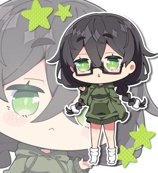 1girl :< black-framed_eyewear black_hair blush braid breasts cevio chibi chibi_only closed_mouth commentary crossed_bangs different_zoom_layer double-parted_bangs drawstring full_body glasses green_eyes green_hoodie hair_between_eyes hair_ornament hair_scrunchie hanakuma_chifuyu hand_up highres hood hood_down hoodie long_hair long_sleeves milkpanda no_shoes open_mouth outline scrunchie semi-rimless_eyewear simple_background socks standing star_(symbol) synthesizer_v thick_eyebrows twin_braids under-rim_eyewear white_background white_outline white_scrunchie white_socks zoom_layer