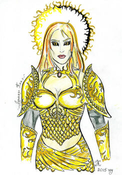 1girl armor black_sclera blonde_hair clawed_gauntlets cleavage_cutout clothing_cutout colored_pencil_(medium) colored_sclera commentary dated facing_viewer gold_armor gold_skin gold_skirt golden_saint_(aureal) long_hair looking_at_viewer midriff russian_commentary scale_armor shoulder_armor signature skirt slit_pupils solo sunburst temptatio the_elder_scrolls the_elder_scrolls_iv:_oblivion traditional_media upper_body white_background yellow_eyes