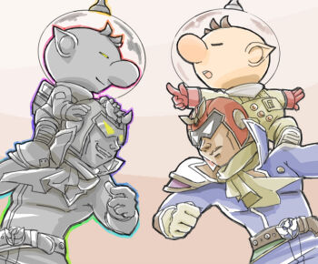 4boys armor belt belt_buckle big_nose blue_bodysuit bodysuit bracer brown_background brown_belt brown_hair buckle buttons captain_falcon clenched_hand collared_bodysuit commentary_request dark_persona determined dual_persona evil_grin evil_smile f-zero fang gloves gradient_background grin helmet high_collar holster male_focus multicolored_outline multiple_boys naru_(wish_field) nintendo olimar open_mouth outline outstretched_arms parted_lips pauldrons pikmin_(series) pointing pointing_at_another pointy_ears red_gloves red_helmet scarf short_hair shoulder_armor single_pauldron smile space_helmet spacesuit standing_on_shoulder studded_belt super_smash_bros. teeth upper_teeth_only very_short_hair yellow_gloves yellow_scarf