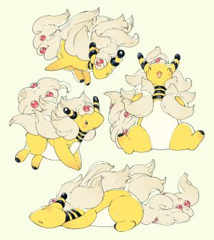 &gt;_&lt; absurdres ampharos animal_focus black_eyes blush closed_eyes closed_mouth fluffy forehead_jewel full_body gem gen_2_pokemon highres long_hair mega_ampharos mega_pokemon newo_(shinra-p) nintendo no_humans open_mouth pokemon pokemon_(creature) pokemon_focus red_gemstone simple_background sleeping smile white_hair wool