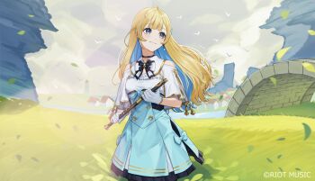 1girl aqua_skirt bare_shoulders black_bow black_bowtie blonde_hair blue_eyes blue_hair bow bowtie colored_inner_hair copyright_name falling_leaves gloves gradient_eyes grass grey_sky high-waist_skirt highres holding holding_instrument holding_lute instrument leaf long_hair lute_(instrument) matsuharu_(lip-mil) multicolored_bow multicolored_bowtie multicolored_eyes multicolored_hair official_art riot_music shirakawa_shirase shirt skirt sky solo streaked_hair two-tone_hair virtual_youtuber white_bow white_bowtie white_gloves white_shirt yellow_eyes