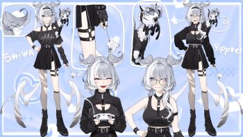 1girl :d belt black_hairband black_shirt black_skirt blush breasts chest_harness closed_eyes closed_mouth commentary controller elira_pendora elira_pendora_(goth) english_commentary fangs fingerless_gloves game_controller glasses gloves grey_hair hairband hand_on_own_hip harness head_wings heterochromia highres holding holding_controller holding_game_controller kamameshi_gougoumaru large_breasts low_wings medium_hair midriff mole mole_on_armpit multiple_views nijisanji nijisanji_en off-shoulder_shirt off_shoulder official_art open_mouth pantyhose pikl_(elira_pendora) reference_sheet second-party_source shirt single_fingerless_glove single_leg_pantyhose skindentation skirt smile torn_clothes torn_pantyhose virtual_youtuber wings