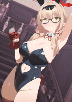 1girl absurdres alternate_costume animal_ears arm_up armpits bare_shoulders black_leotard blue_archive blush breasts brown_hair chinatsu_(blue_archive) cleavage clothing_cutout detached_collar fake_animal_ears glasses gloves hairband halo highleg highleg_leotard highres kurozawa_yui large_breasts leotard long_hair looking_at_viewer low_twintails navel navel_cutout playboy_bunny pointy_ears rabbit_ears red_gloves solo twintails yellow_eyes