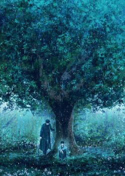 2boys bellta_(kimbellta) black_coat black_hair blue_theme coat commentary_request faceless facing_another fog glowing hand_on_own_wrist highres kim_dokja knees_up korean_commentary male_focus multiple_boys omniscient_reader's_viewpoint open_clothes open_coat outdoors rain short_hair sitting tree under_tree white_coat wide_shot yoo_joonghyuk