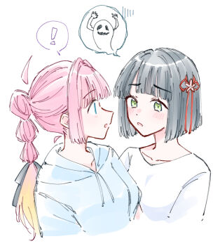 ! 2girls ahoge anyoji_hime black_hair blonde_hair blue_eyes blue_hoodie blunt_bangs blunt_ends blunt_sidelocks blush bob_cut collarbone colored_speech_bubble cropped_torso detached_ahoge eye_contact flower gloom_(expression) gradient_hair green_eyes hair_flower hair_intakes hair_ornament highres hood hoodie link!_like!_love_live! looking_at_another love_live! momose_ginko multi-tied_hair multicolored_hair multiple_girls open_mouth pink_flower pink_hair ponytail shirt short_hair sidelocks simple_background speech_bubble spoken_exclamation_mark spoken_ghost upper_body virtual_youtuber white_background white_shirt zangemiya