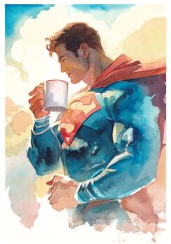 1boy arm_up black_hair blue_bodysuit bodysuit border cape closed_mouth cloud coffee_mug commentary cropped_legs cup dc_comics english_commentary from_side holding holding_cup itoscaresme lips long_sleeves male_focus mug painting_(medium) red_cape short_hair short_sideburns sky solo superhero_costume superman superman_(series) superman_logo traditional_media watercolor_(medium) white_border